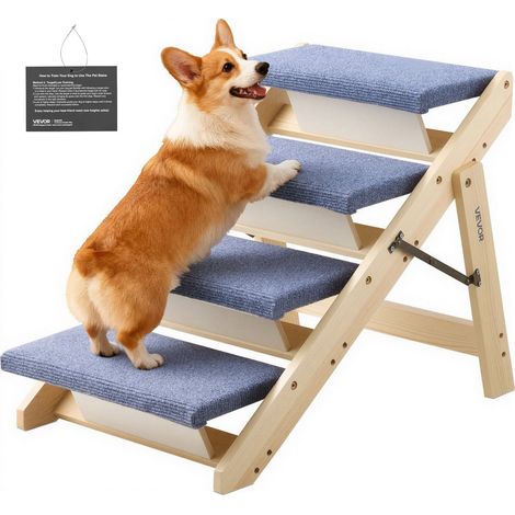 Escalier pour Chien Pliable 4 Marches pour Chien Convertible en Rampe pour Canapé Lit Voiture Chats Chiens Animaux de Compagnie Jusqu'à 68 kg, Hauteur Marche 12 cm, en Bois de Pin et Feutrine (1/5)
