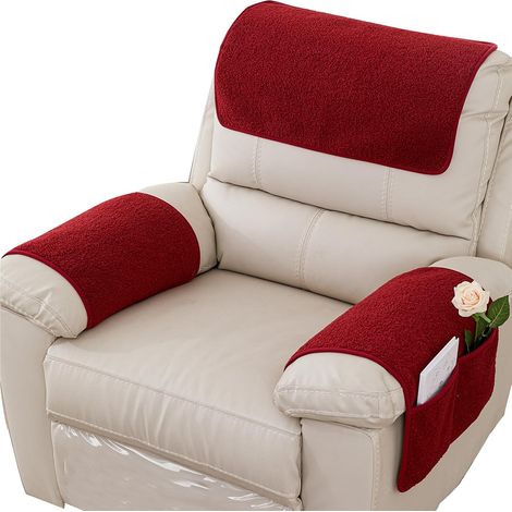 Couverture d'appuie-bras, Protecteur de fauteuil, Glissement protecteur de meubles, Poche de stockage latérale, Couverture d'appuie-bras pour fauteuil, chaise, canapé, 1 siège 3pcs, Vin rouge