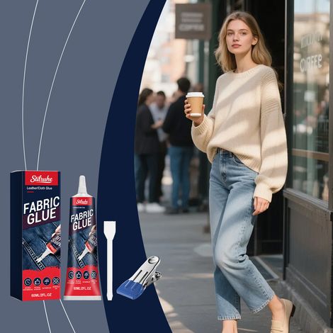Colle de réparation textile multifonctionnelle, idéale pour réparer les motifs de vêtements, adhésif doux et imperméable – Contenu : 1 flacon de 60 ml, 1 raclette, 1 pince. (1/5)