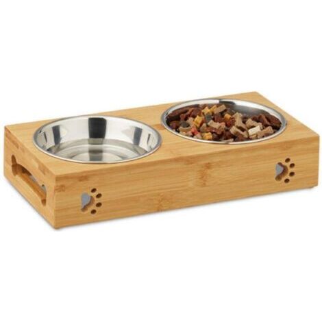 BUNTHAUS Gamelle pour chat, gamelle pour animal de compagnie, gamelle pour chien, support double en bambou, bois et acier inoxydable