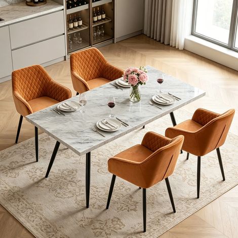 AINPECCA Dining Table and 4 Dining Chairs Set Dining Room Chair Kitchen Home Office(White table+4 Orange velvet chairs)