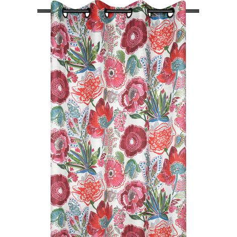 Rideau tamisant en polylin à motif floral Rose 140x260 cm (1/2)