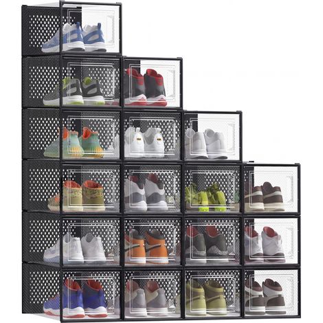 Boîtes à Chaussures, Rangement Chaussures en Plastique, Pliables et Empilables, pour Pointure Jusqu’à 47, Lot de 18, Transparent et Noir d'Encre (1/5)