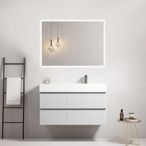 Mobile bagno sospeso cannettato 100 cm Bianco Lavabo a Destra in Resina Specchio Quadro Retroilluminato - Fiji Paint