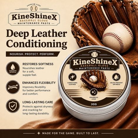 KineShineX Baseball Glove Conditioner Oil softens leather, prevents dryness and cracking, and brightens the glove. (1/5)