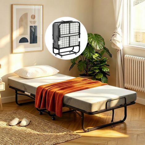 Lit pliant - Lit d’appoint- Matelas mémoire 9,5cm -Roues 360° verrouillables - Lit 1 Place en Acier- 96x190cm- Noir