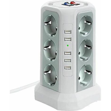 Tour multiprise parafoudre et surtension, Multiprise Electrique avec 5 Ports USB et 12 Prises, multiprise avec et 3 Interrupteurs, Blanc (1/4)