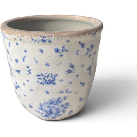 Pot céramique motif floral beige bleu 12x13x13cm (1/4)