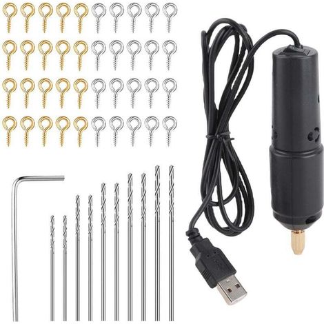 Trywise Ensemble de mini-perceuses électriques en résine avec 10 forets pour bijoux, produits en aluminium, fabrication de porte-clés en bois, noir