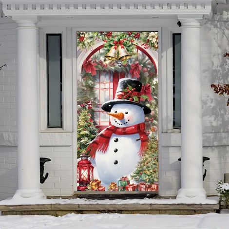 Habillage De Porte De Noël - Motif Bonhomme De Neige - Tissu Polyester 90 X 180 Cm - Décoration Intérieure Et Extérieure Pour Porte Mur Ou Table - 1 Pièce (1/4)