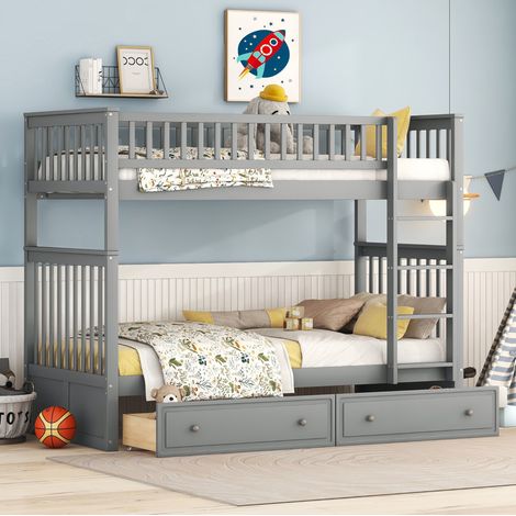 Etagenbett 90x200 cm Grau aus Kiefernholz und MDF mit 2 Schubladen und Umwandlungsfunktion (1/5)