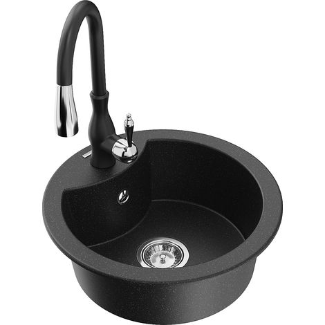 Mexen Diego 1-Becken-Granit-Spüle mit Mischbatterie Savita, Schwarz/Silbermetallic - 6512-73-672601- (1/5)