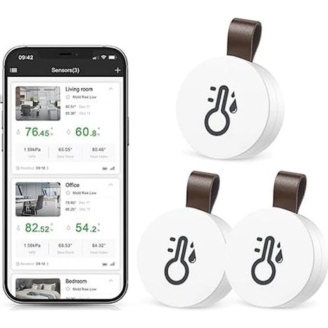 Thermomètre et hygromètre sans fil – Appareil de mesure de température et d'humidité Wi-Fi avec notification via application et fonction d'enregistrement des données (3 pièces) (1/5)