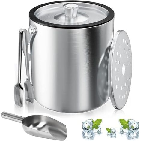 Bac Glaçons, Rond, Passoire, Pince, 2L, Inox, Avec Couvercle, Metallique, Bar, Fete, Cocktail (1/5)