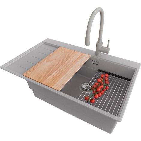 PRIMAGRAN Evier Cuisine en Granit 78x50cm,Lavabo 1 bac + Robinet 38x14cm + Kit de Vidage + Accessoires, Évier à Encastrer au meuble 60cm - Sydney, Gris