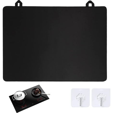 Couvercle de plaque de cuisson, plaque de cuisson monobloc avec crochet, tapis en silicone, compatible avec plaques vitrocéramiques et à induction, tapis enroulable, noir, 61 x 53 cm