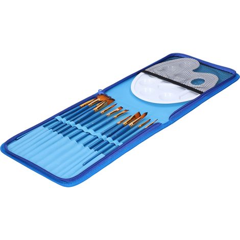 Ensemble de 12 pinceaux en fibres de nylon pour peinture aquarelle et huile, avec étui et palette. TYP317 Bleu