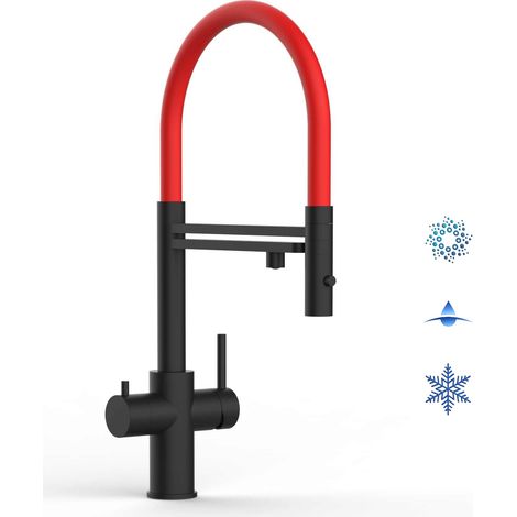 Rubinetto 5 VIE miscelatore lavello cucina in ACCIAIO INOX, canna girevole 360° e doccetta 2 getti movibile, PVD Nero Opaco / Rosso (1/5)