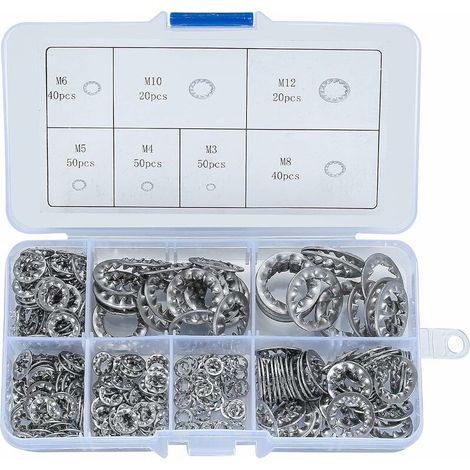 VURAHOME - 270 Pièces Rondelles Dentées Internes, Rondelles de Blocage Acier Inox, M3/M4/M5/M6/M8/M10/M12 Rondelles à Ressort de Serrage Kit Assortiment,Versailles (1/5)