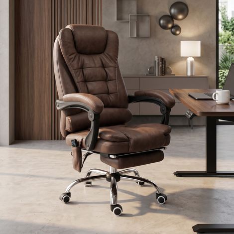 Fauteuil directionnel ergonomique massant et chauffant, hauteur ajustable, dossier inclinable, revêtement microfibre brun, confort premium (1/5)