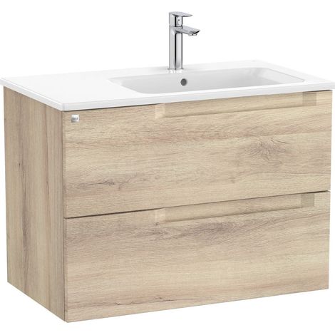 Pack mueble base de 2 cajones + lavabo ALEYDA - ROCA Color: Beige Madera - Medidas: 805x460x565 mm - Posición del lavabo: Derecha (1/2)
