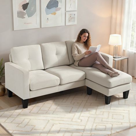 Sofá Chaise Longue Reversible con Estructura de Acero Tapizado en Chenilla 186x130x84cm Crema (1/5)