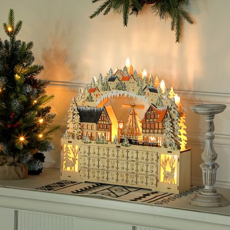 Calendrier de l‘Avent, village de Noël, 18 LED, 24 tiroirs, réutilisable, 45 x 9 x 42,5 cm (1/5)