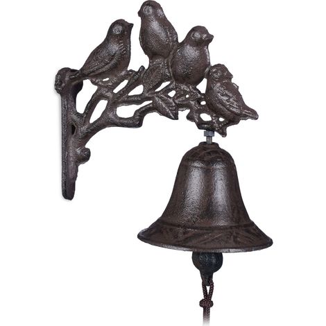 Relaxdays Set of 4 Cast Iron Doorbells, Antique Bird Country Look, Clear Sound, Garden Ornament, Weatherproof, Brown