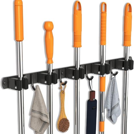 9 Accessoires Rangement, 5 Supports Balais, 4 Crochets Outils, Fixation Murale Sans Percage, Pour Garage Buanderie