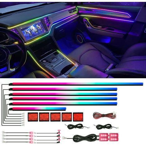 Éclairage intérieur de voiture, 18 en 1, 128 bandes lumineuses LED en acrylique à fibre optique multicolores, atmosphère décorative universelle avec rythme de synchronisation musicale, commande (1/5)