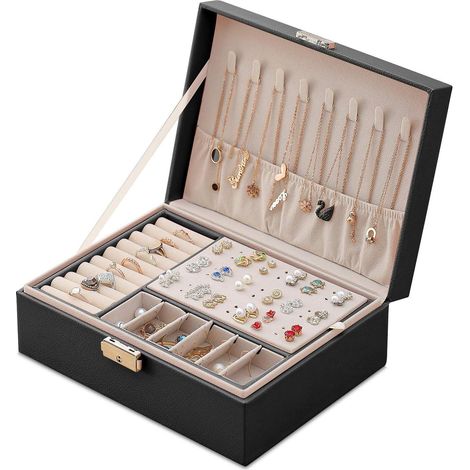 Coffret à Bijoux Femme Noir Cuir Véritable, Boîte à Bijoux Verrouillable 2 Étagères, Organisateur de Bijoux Portable pour Voyage, Petit Coffre de Rangement avec Serrure (1/5)