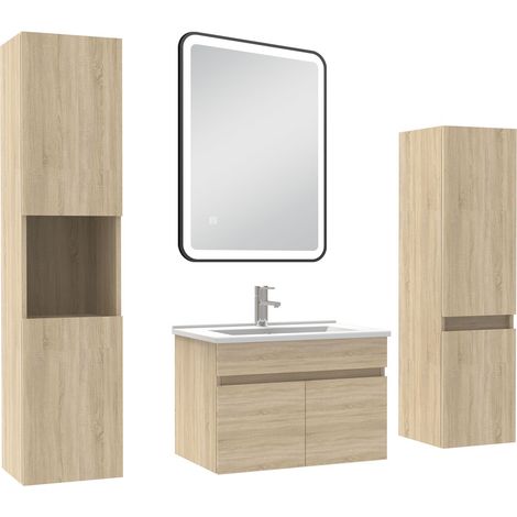 Ocean Meuble simple vasque chêne wotan 60cm avec colonne + miroir lumineux 3 couleurs + dimmable (1/5)