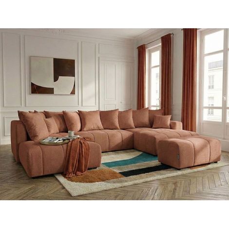 BOBOCHIC - Canapé panoramique convertible ROXELANE tissu chiné avec pouf Angle droit  Orange