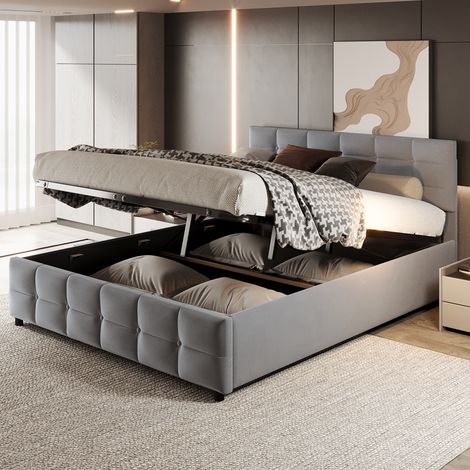 Modernluxe – Lit coffre 180x200cm en velours – sommier à lattes – levage hydraulique – rangement intégré – gris (1/5)