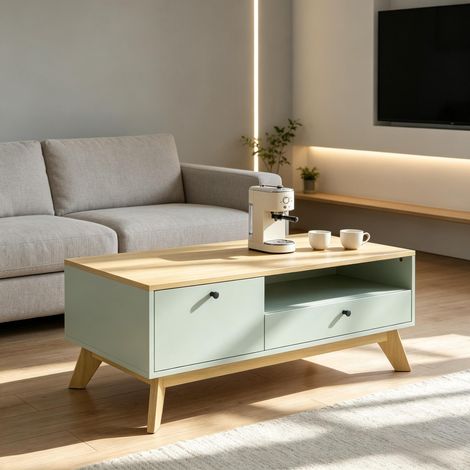 Mesa de centro, mesa auxiliar rectangular con cajón, puerta y compartimento abierto, (1/5)
