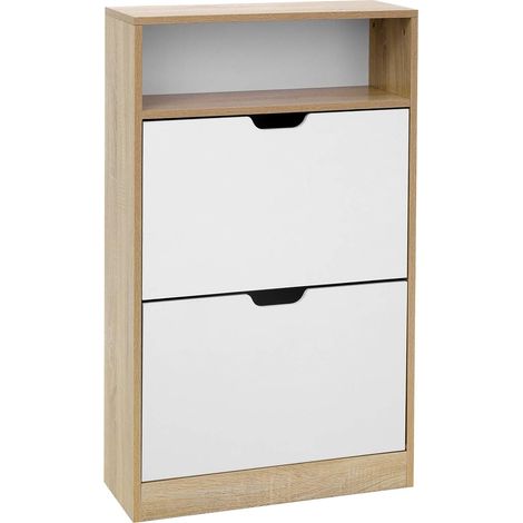 Vasagle – Meuble à chaussures 2 abattants – Étagère 3 niveaux – Panneau mélaminé facile à nettoyer – Dimensions 60 x 24 x 102 cm – Blanc et couleur boisée – LBC04NW (1/5)
