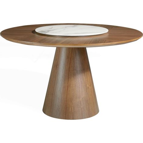 Table a manger ronde bois massif Plateau pivotant centre en marbre céramique - Noyer, blanc, gris (1/5)