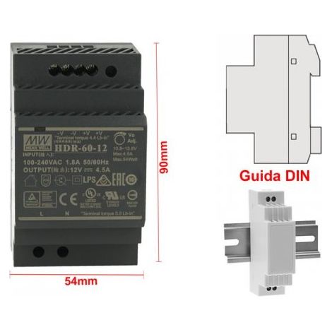 MW MEAN WELL HDR-60-12 Trasformatore Rotaia Industriale 12V 54W Barra Guida DIN Rail Power Supply Universale (1/3)