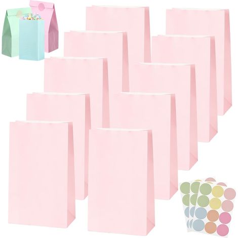 30Pcs Pochette Cadeau Anniversaire Enfant,Sac Papier Cadeau Petit avec 36 Autocollants 24x13x8cm,Pochette Cadeaux Papier Rose,Sachet Bonbon Anniversaire pour Mariage,Noël,Halloween,Party