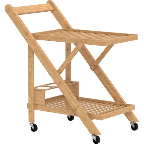 GagaDesserte de cuisine en bambou chariot de service pliable 2 plateaux 4 roues 3 casiers à vin 66 x 40 x 70 cm bois naturel (1/5)