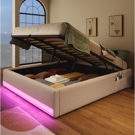 letto contenitore 140x200 con LED USB beige OKMYHOME (1/5)