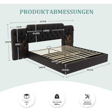 Cadre lit double 160×200 cm velours noir,longue tête rembourrée,système hydraulique,rangement XL,ports USB et lampe bureau intégrés