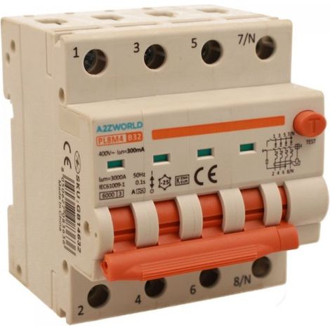 RCBO Interruttore Magnetotermico Differenziale Con Doppia Leva Tipo A Curva B 4P 4M 6000A 300mA, Diagnostica Visiva, B32A  AC 400V IP20 IEC61009-1 PL8M4 4P