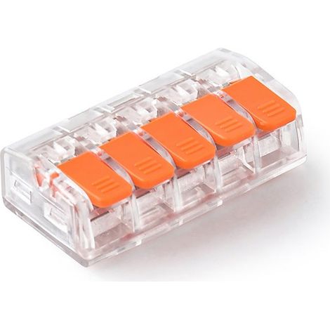 Sachet de 30 connecteurs électriques 5 pôles polycarbonate transparent à levier large – Capacité 0.2 à 4 mm² – 32A / 450V AC – Conformes EN 60998 et RoHS