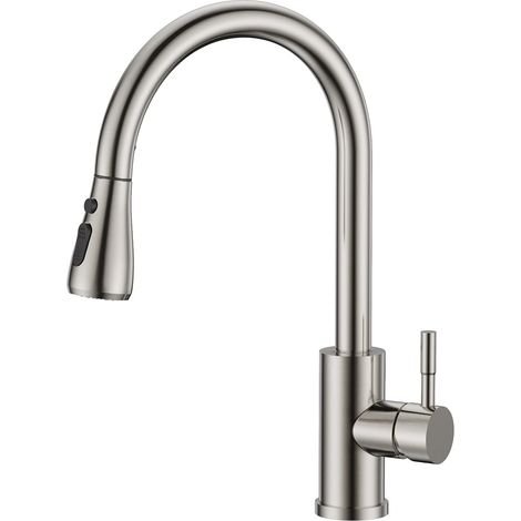 Mitigeur de cuisine avec douchette extractible, robinet en acier inoxydable à bec haut pivotant et douchette extractible pour raccords aux normes britanniques (1/5)