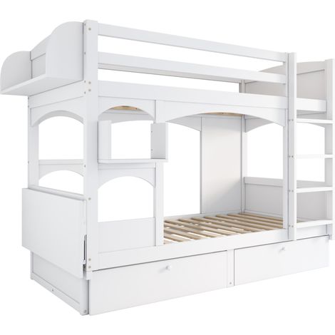 Lit superposé enfant multifonction 90x200 avec bureau pliant, étagères et 2 tiroirs, blanc (1/5)
