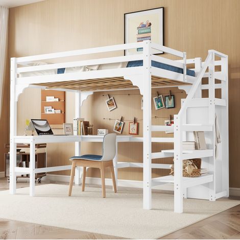 Letto a soppalco 140x200 cm bianco in pino e MDF con scrivania a L e armadio aperto (1/5)