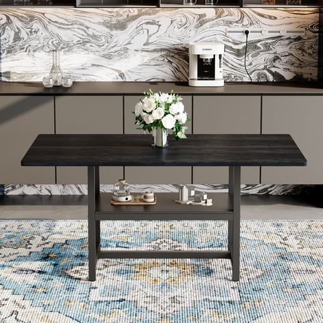 Table à manger, avec étagère, noir, 160 x 90 x 76 cm, pour maison et usage quotidien, étagère de rangement intégrée, style moderne