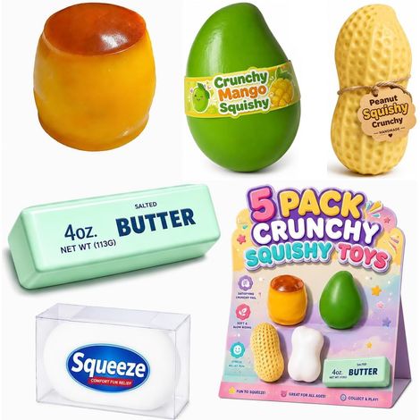 5PCS Squishy Crunchy Asmr Bead Filled, Crunchy Squishies Beurre, Mangue, Cacahuète, Savon et Pudding, Balles Anti-Stress Alimentaires Réalistes à Presser, Retour Lent, Cadeaux Amusants pour Adultes