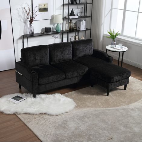 Canapé 4 places 196.5x75x77 cm noir en chenille avec pouf coffre, porte-gobelets et poches latérales (1/5)